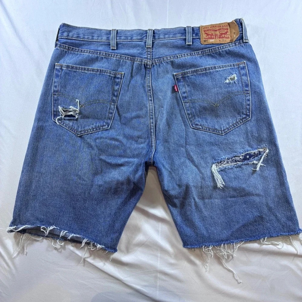 Levis 501 150th Anniversary Distressed Bandana Patch Denim Shorts Mens 38